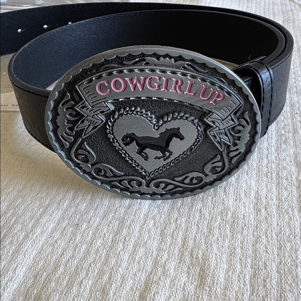 Cowgirl Up buckle on a BC Belt